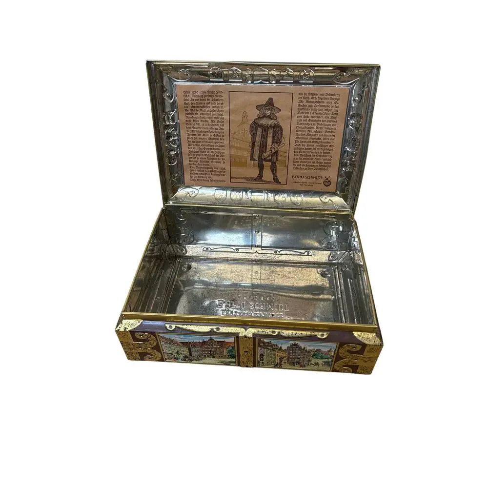 Vintage E. Otto Schmidt Nürnberg Germany Lebkuchen Tin Box Medieval Scenes 16”
